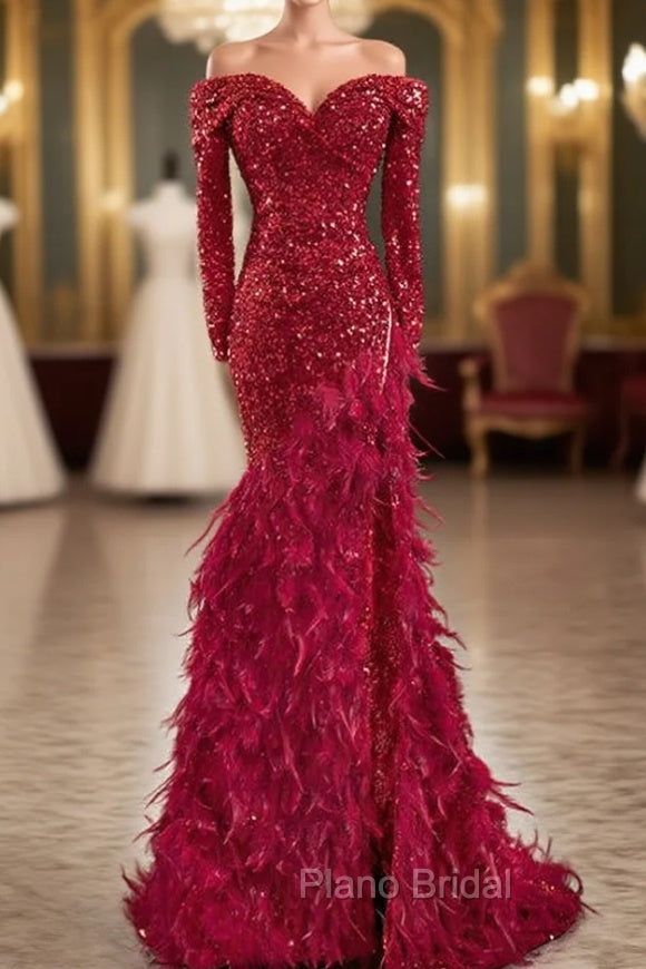 Burgundy Mermaid Sequins Off the Shoulder Long Sleeve Feather Formal Prom Dresses Main image