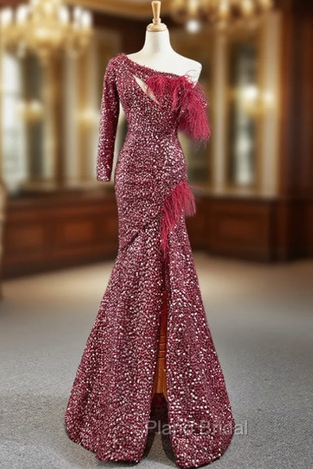 Burgundy Mermaid Sequins One Shoulder Long Sleeve Formal Prom Dresses Main image