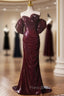 Burgundy Mermaid Sequins Pleats Formal Prom Dresses