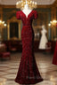 Burgundy Mermaid Sequins Puff Sleeve Formal Prom Dresses