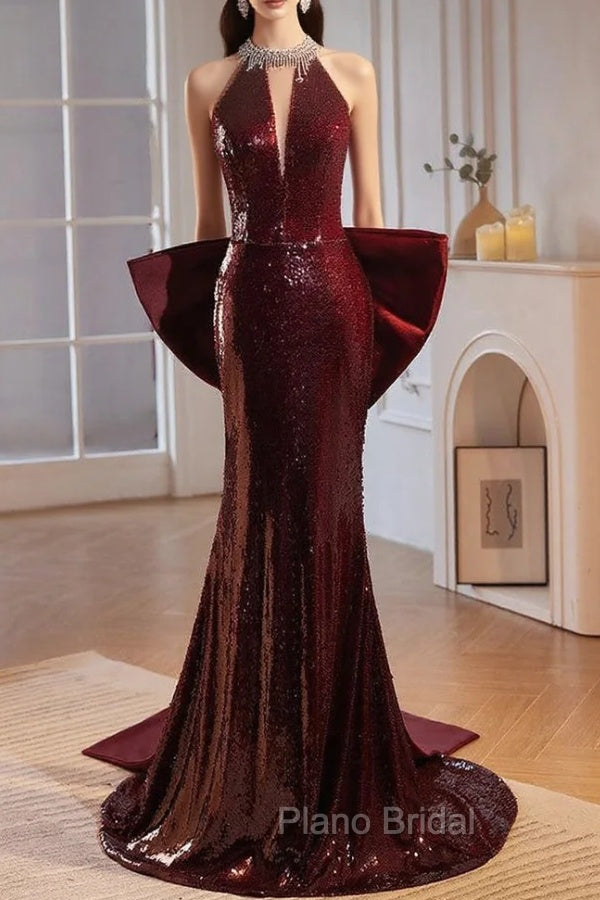 Burgundy mermaid Sequins Satin Bow Formal Prom Dresses