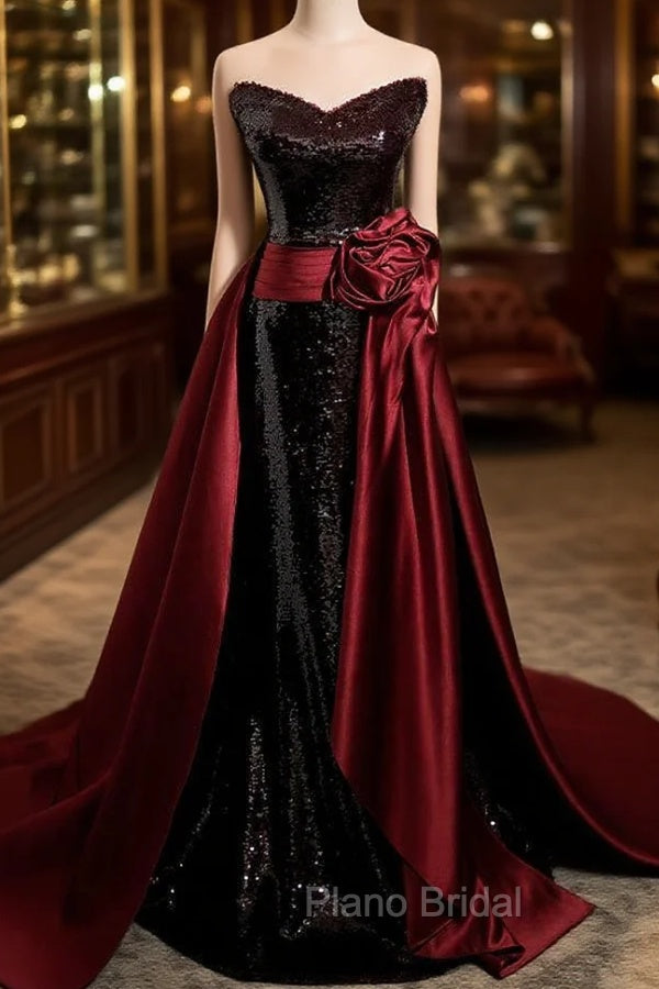 Burgundy Mermaid Sequins Satin Formal Prom Dresses