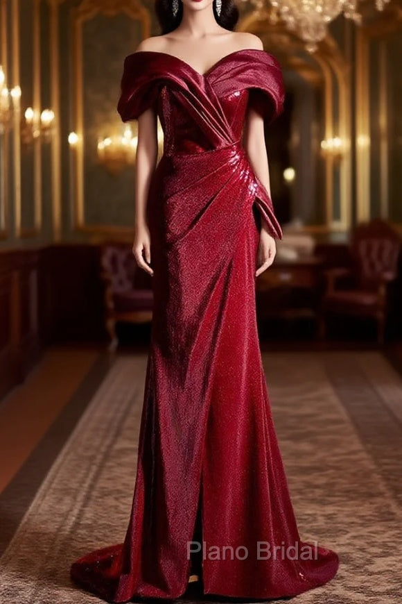 Burgundy Mermaid Sequins Spaghetti Straps Pleats Formal Prom Dresses Main image