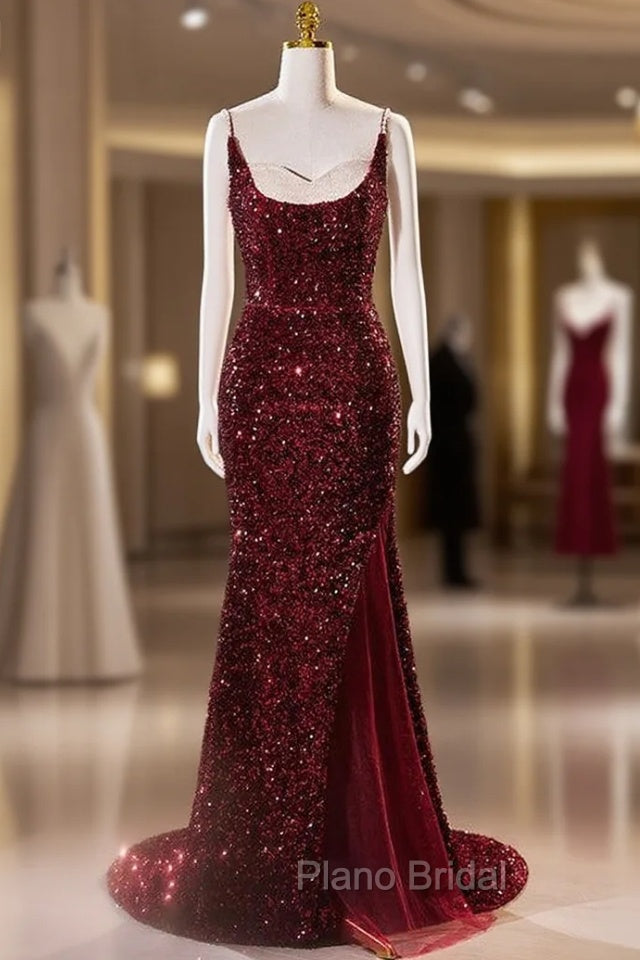 Burgundy Mermaid Sequins Spaghetti Straps Formal Prom Dresses