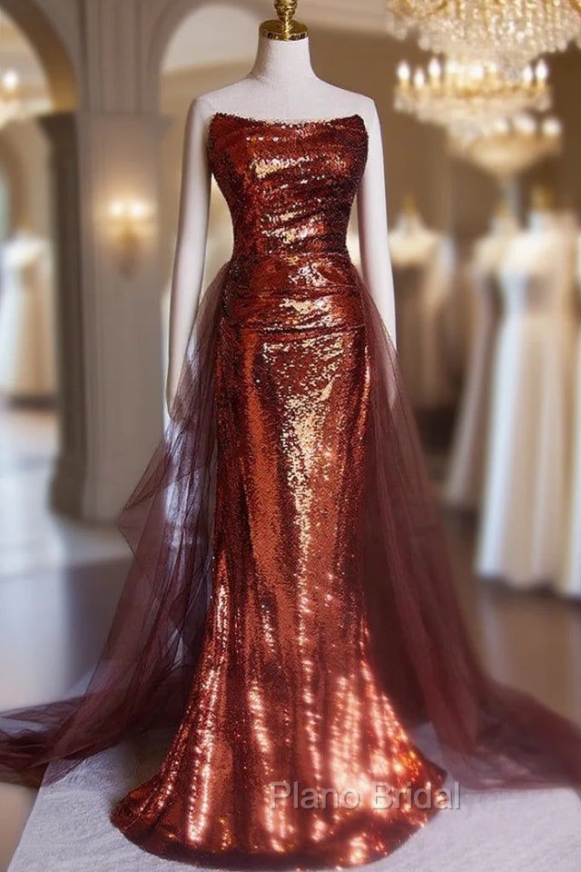 Burgundy Mermaid Sequins Strapless Pleats Formal Prom Dresses Main image