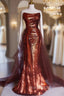 Burgundy Mermaid Sequins Strapless Pleats Formal Prom Dresses