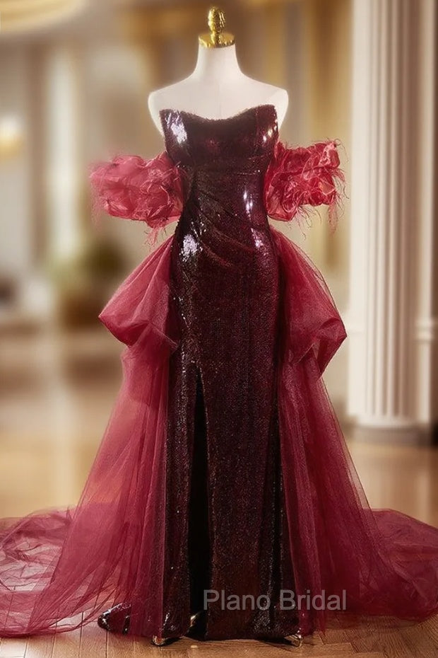 Burgundy Mermaid Sequins Strapless Formal Prom Dresses With Train Main image