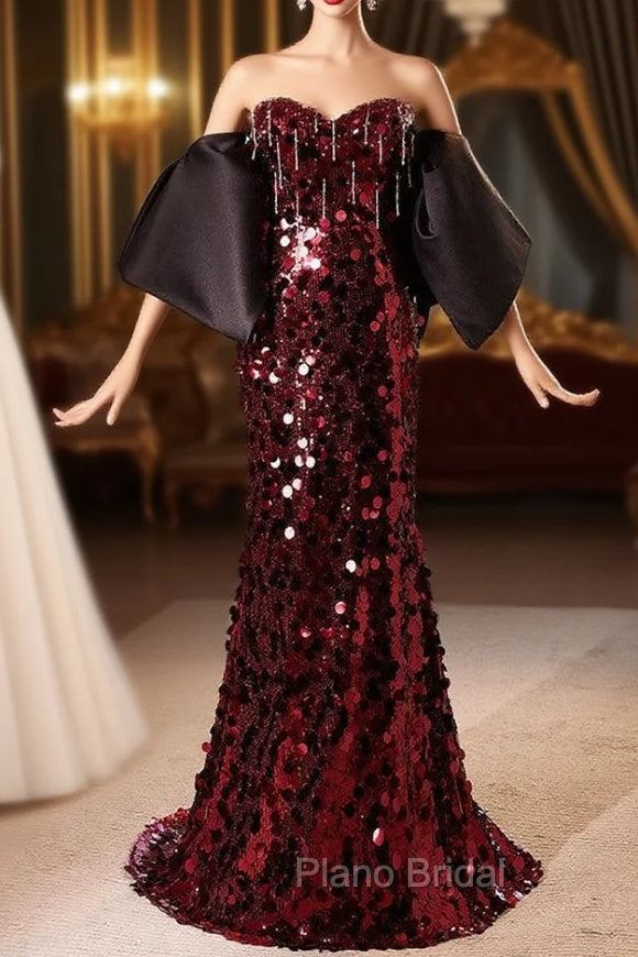 Burgundy Mermaid Sequins Strapless Formal Prom Dresses Main image