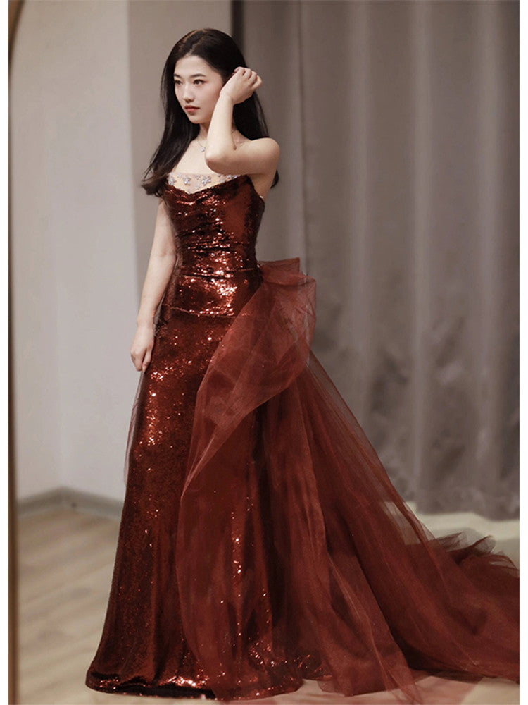 Burgundy Mermaid Sequins Tulle Strapless Formal Prom Dresses Secondary image
