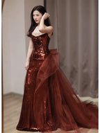 Burgundy Mermaid Sequins Tulle Strapless Formal Prom Dresses