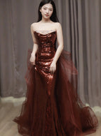 Burgundy Mermaid Sequins Tulle Strapless Formal Prom Dresses