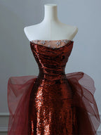 Burgundy Mermaid Sequins Tulle Strapless Formal Prom Dresses