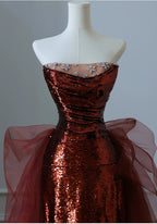 Burgundy Mermaid Sequins Tulle Strapless Formal Prom Dresses