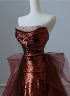 Burgundy Mermaid Sequins Tulle Strapless Formal Prom Dresses