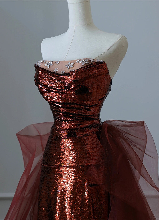 Burgundy Mermaid Sequins Tulle Strapless Formal Prom Dresses
