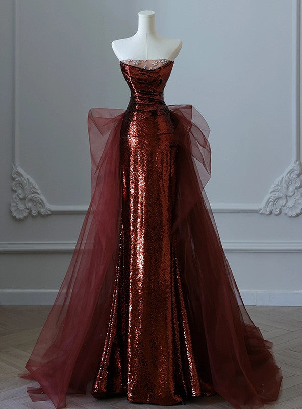 Burgundy Mermaid Sequins Tulle Strapless Formal Prom Dresses Main image