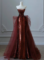 Burgundy Mermaid Sequins Tulle Strapless Formal Prom Dresses
