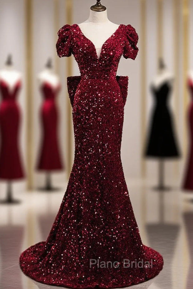 Burgundy Mermaid Sequins V-neck Formal Prom Dresses With Bow