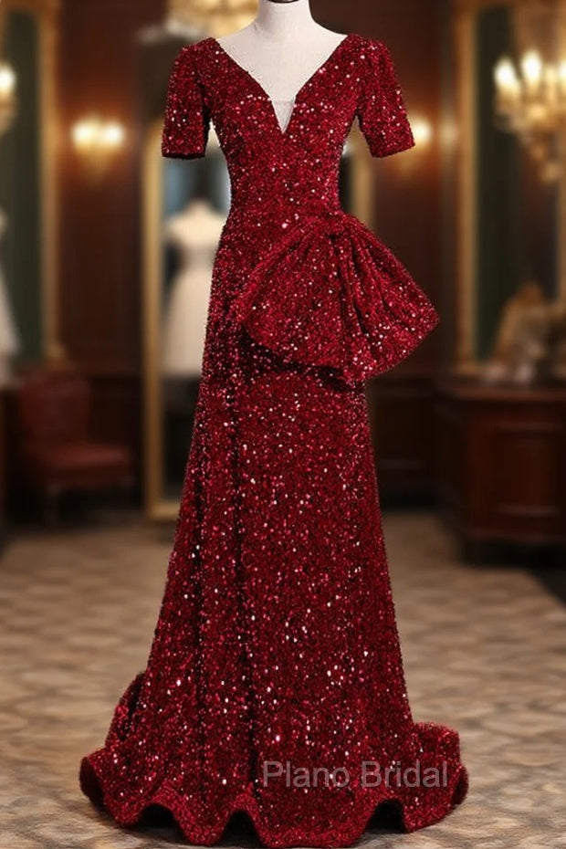 Burgundy Mermaid Sequins V-neck Formal Prom Dresses Main image