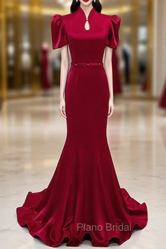 Burgundy Mermaid Short Sleeve High Neck Formal Prom Dresses