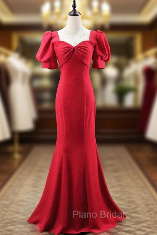 Burgundy Mermaid Square Short Sleeve Formal Prom Dresses