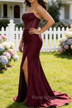 Burgundy Mermaid Strapless Pleated Corset Long Prom Dress with Slit