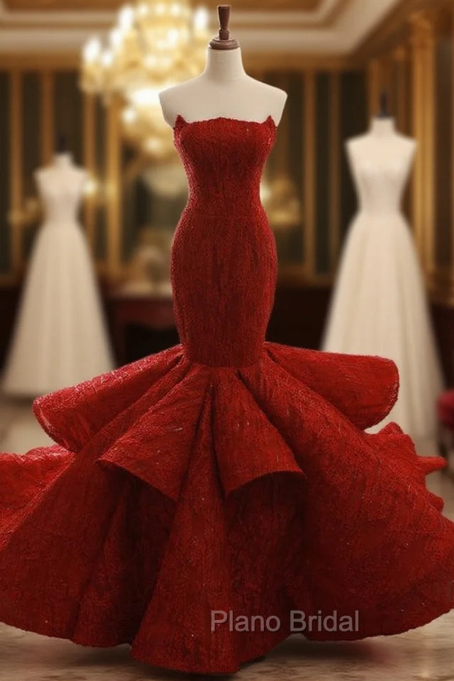 Burgundy Mermaid Strapless Sequins Backless Wedding Dresses Main image