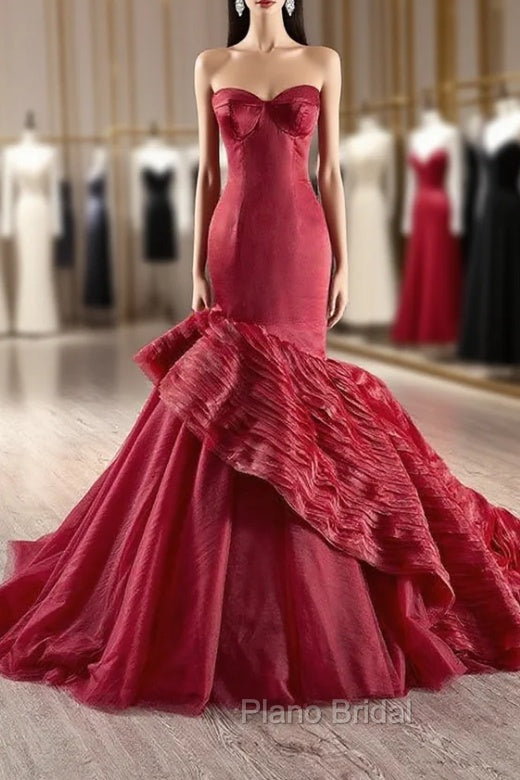 Burgundy Mermaid Strapless Tiers Formal Prom Dresses Main image