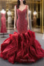 Burgundy Mermaid Straps Beading Feather Formal Prom Dresses