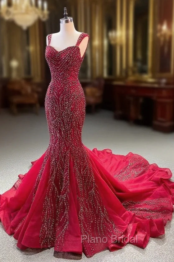 Burgundy Mermaid Straps Beading Formal Prom Dresses Main image