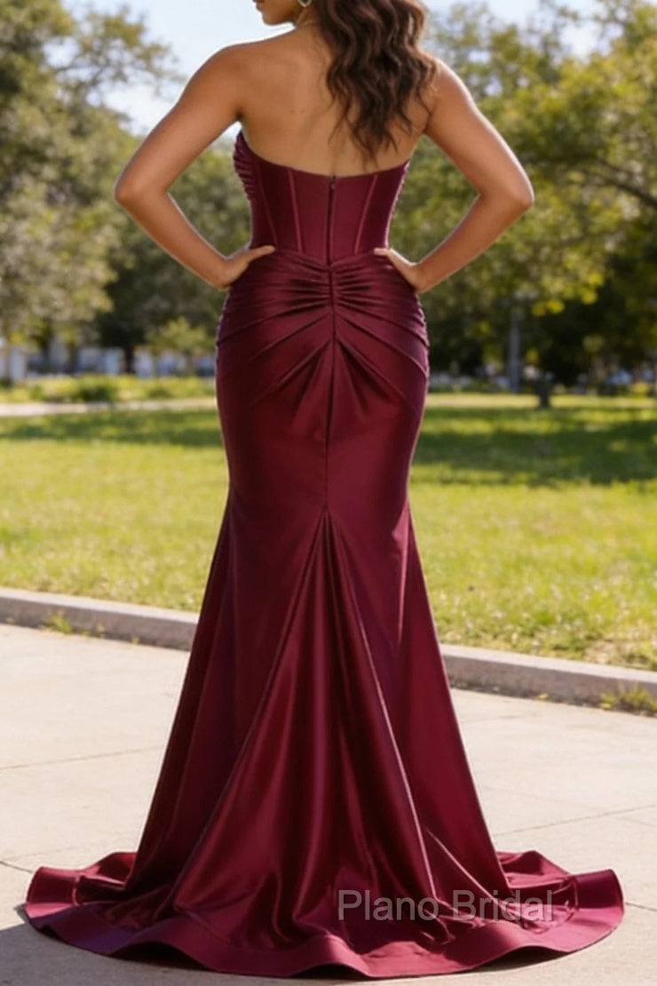 Burgundy Mermaid Sweetheart Corset Long Prom Dress with Slit