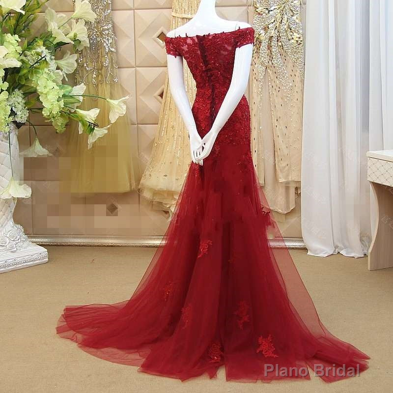Burgundy Mermaid Tulle Evening Gown with Lace Applique, Off Shoulder Prom Dress Main image