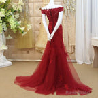 Burgundy Mermaid Tulle Evening Gown with Lace Applique, Off Shoulder Prom Dress
