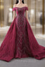 Burgundy Mermaid Tulle Off the Shoulder Pleats Formal Prom Dresses