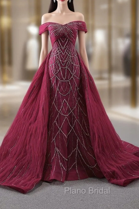 Burgundy Mermaid Tulle Off the Shoulder Pleats Formal Prom Dresses Main image