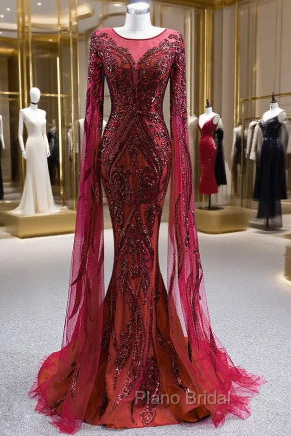 Burgundy Mermaid Tulle Sequins Long Sleeve Formal Prom Dresses