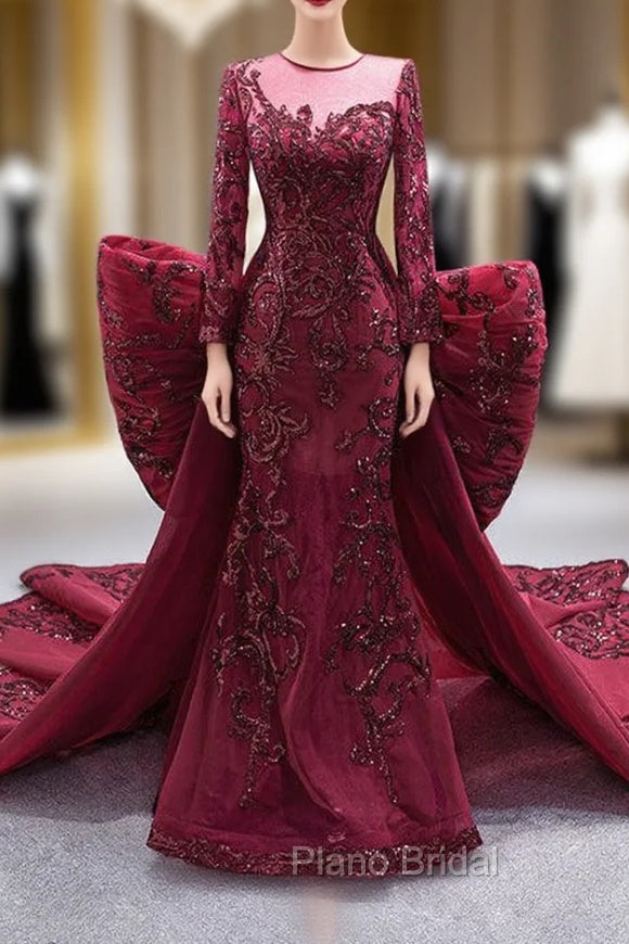 Burgundy Mermaid Tulle Sequins Formal Prom Dresses With Detachable Train Main image