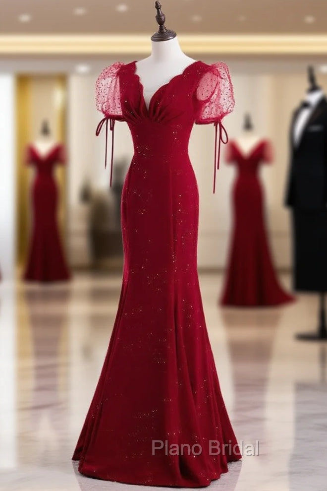 Burgundy Mermaid V-neck Puff Sleeve Formal Prom Dresses Main image