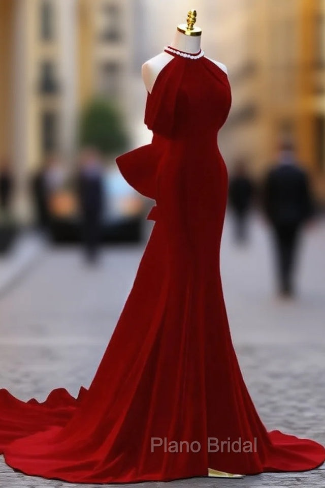 Burgundy Mermaid Velvet Halter Bow Formal Prom Dresses