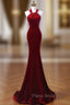 Burgundy Mermaid Velvet Halter Pearls Formal Prom Dresses
