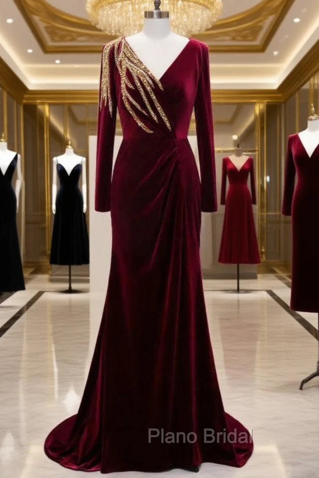 Burgundy Mermaid Velvet Long Sleeve Beading Formal Prom Dresses Main image