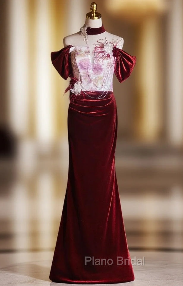 Burgundy Mermaid Velvet Off the Shoulder Pleats Flower Formal Prom Dresses Main image