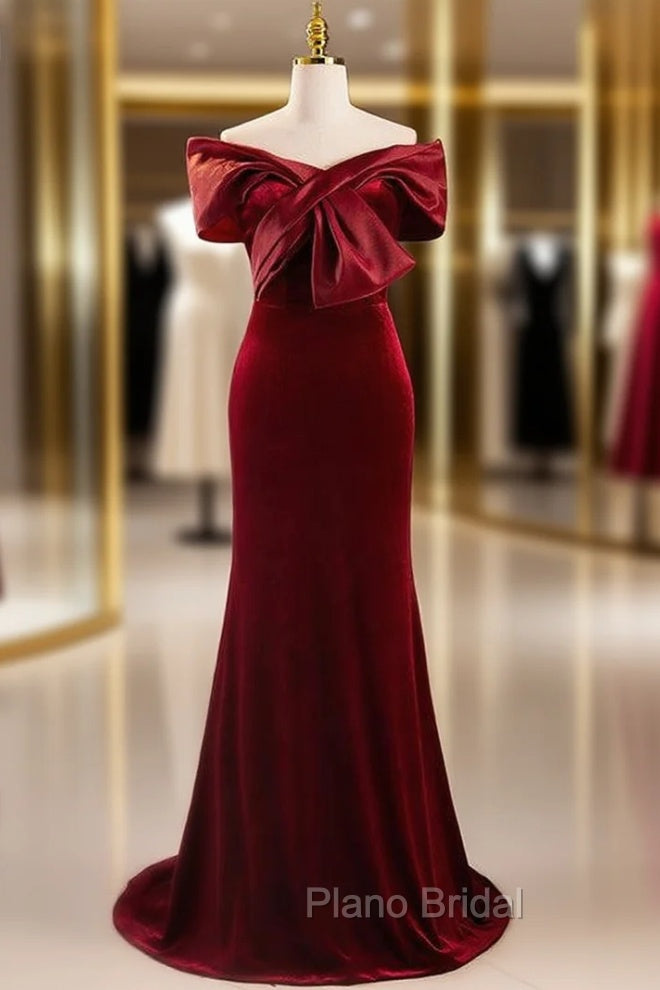 Burgundy Mermaid Velvet Off the Shoulder Pleats Formal Prom Dresses Main image