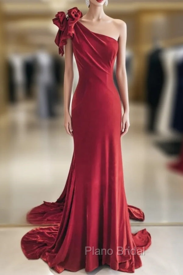 Burgundy Mermaid Velvet One Shoulder Beading Formal Prom Dresses Main image