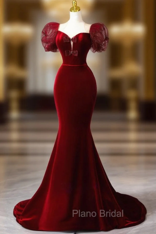 Burgundy Mermaid Velvet Puff Sleeve Bow Formal Prom Dresses Main image