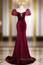 Burgundy Mermaid Velvet Puff Sleeve Formal Prom Dresses