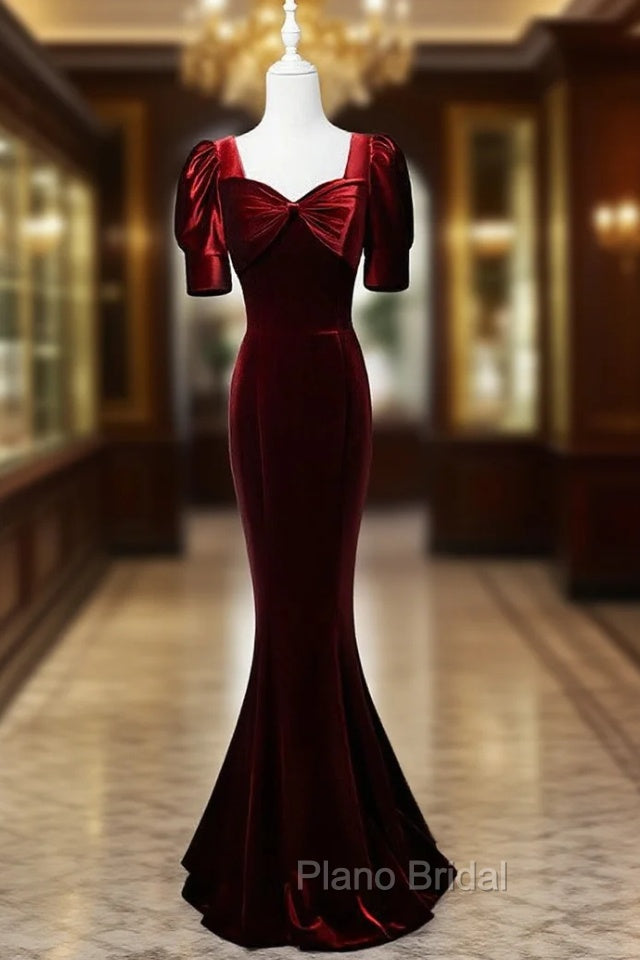 Burgundy Mermaid Velvet Short Sleeve Bow Formal Prom Dresses