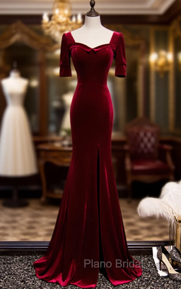 Burgundy Mermaid Velvet Short Sleeve Formal Prom Dressess Main image