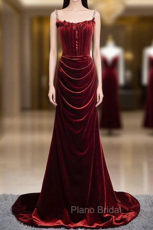 Burgundy Mermaid Velvet Spaghetti Straps Flower Formal Prom Dresses Main image