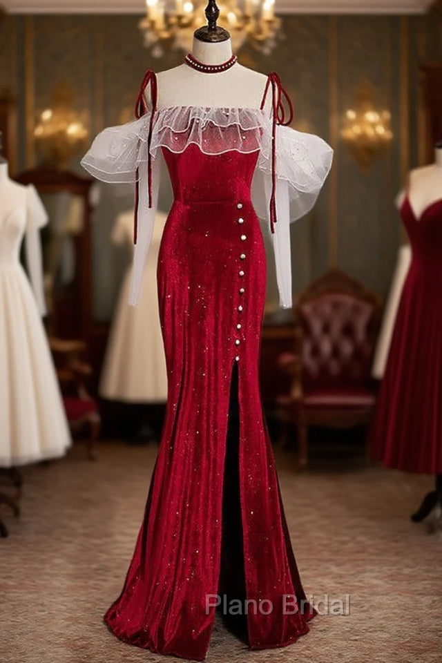 Burgundy Mermaid Velvet Spaghetti Straps Formal Prom Dresses With Split